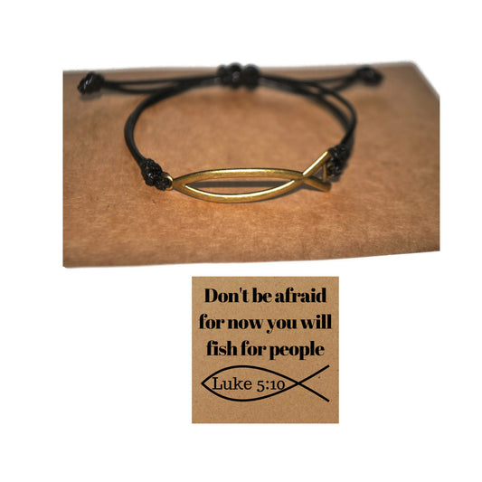 Ichthus, ichthy, Jesus, christian fish cord bracelet and scripture note card