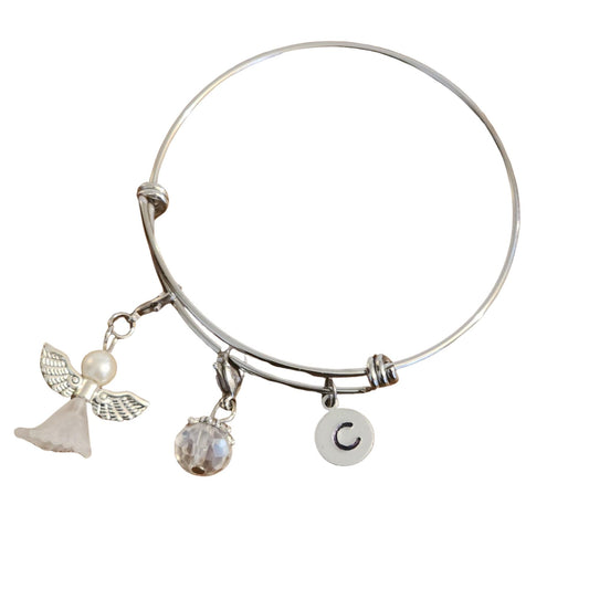 Angel Charm Stainless Steel Expandable Bracelet with Personalized Initial & Optional Scripture Note Card