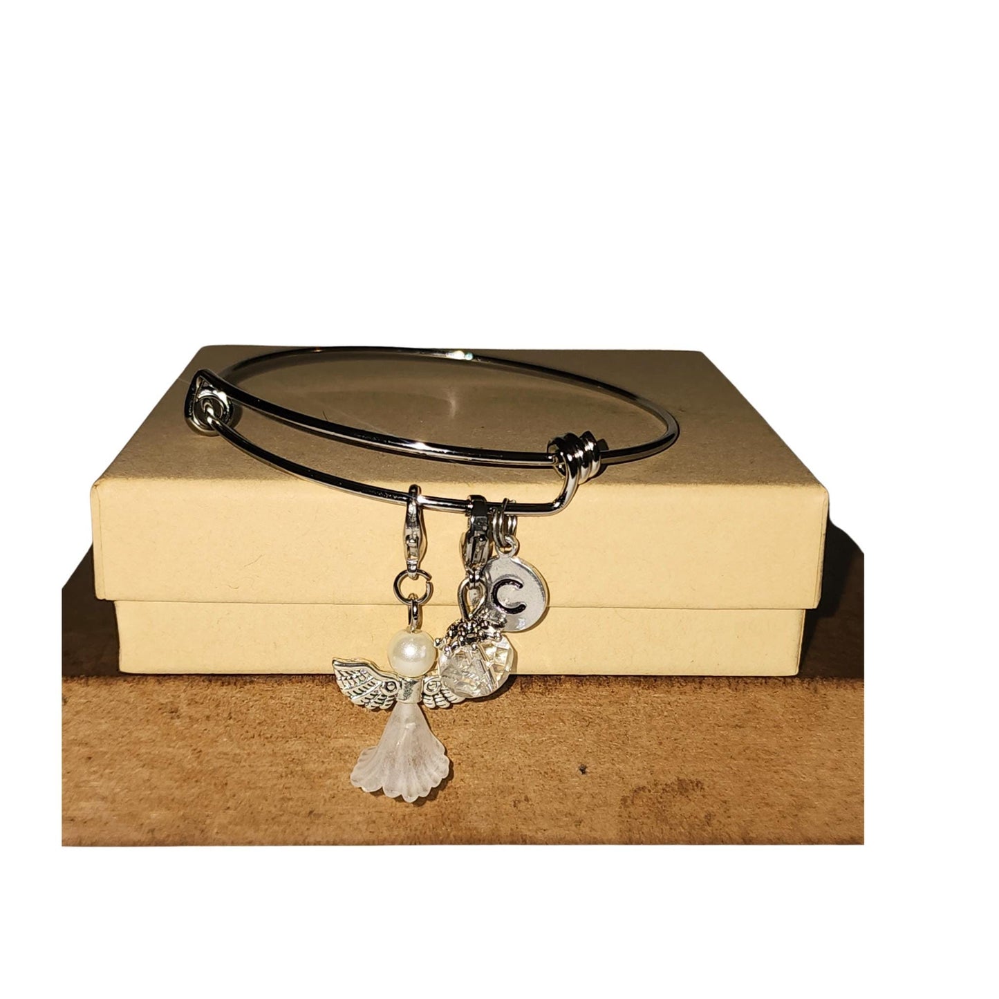 Angel Charm Stainless Steel Expandable Bracelet with Personalized Initial & Optional Scripture Note Card