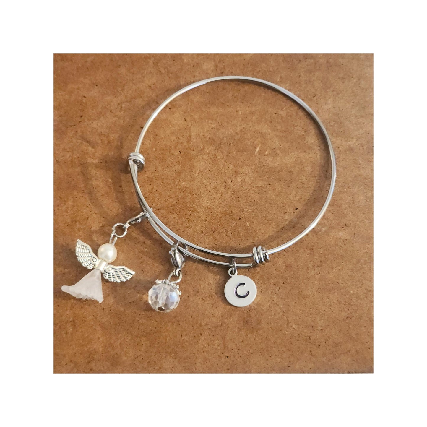Angel Charm Stainless Steel Expandable Bracelet with Personalized Initial & Optional Scripture Note Card