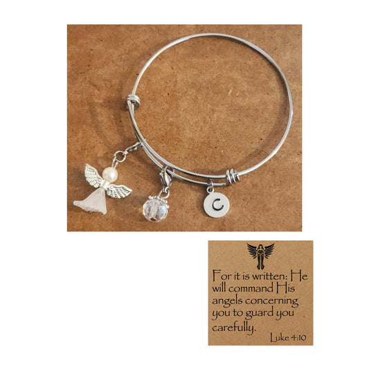 Angel Charm Stainless Steel Expandable Bracelet with Personalized Initial & Optional Scripture Note Card